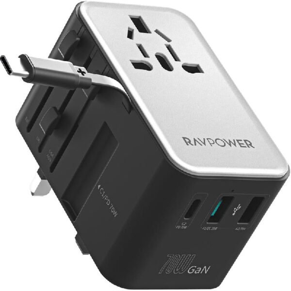 RAVPower RP-PC1061 GaN PD70W Travel charger with retractable C-C cable(Black)