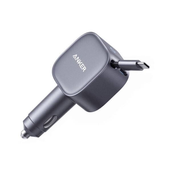 Anker 75W USB‑C Car Charger – Built‑In Retractable Cable (Silver)