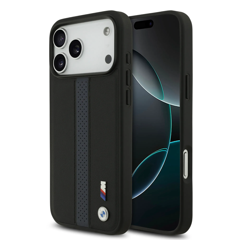 BMW, PU Leather Case with Perforated Stripes & Metal Logos, iPhone 17 Pro Max