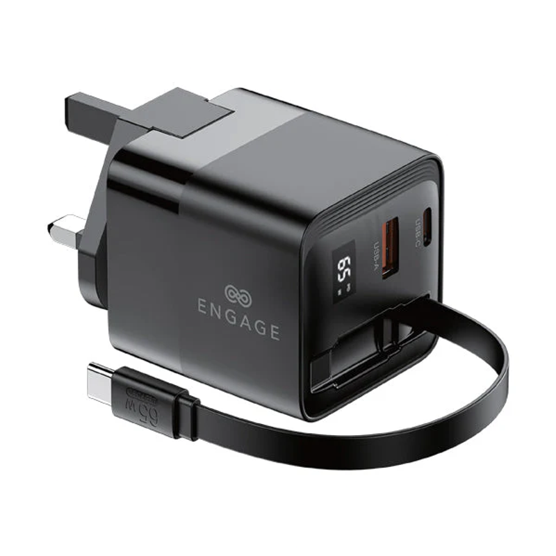 Engage, Dual Port USB-C + USB-A GaN Power Adapter (65W) with USB-C Cable