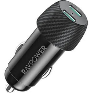 RAVPOWER RP-VC032,  50W 2 Ports USB-C Fast Car Charger(Black)